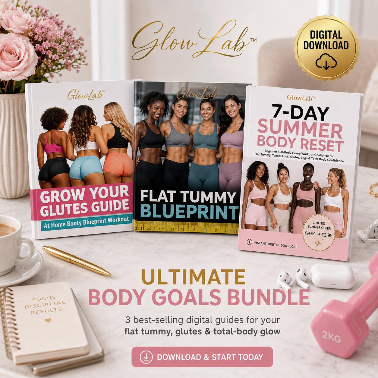GlowLab™ 3-in-1 Ultimate Body Sculpt Bundle | Flat Tummy, Glute Growth & 7-Day Summer Full-Body Home Workout Guides for Beginners