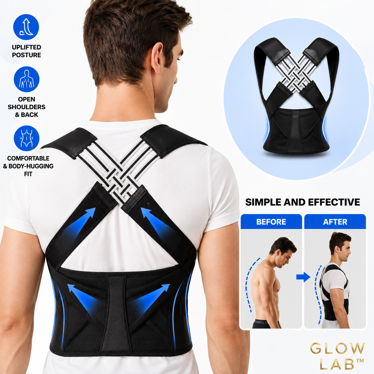 GlowLab™ 2-in-1 Posture Corrector & Waist Support Trainer | Adjustable Back, Shoulder & Core Support