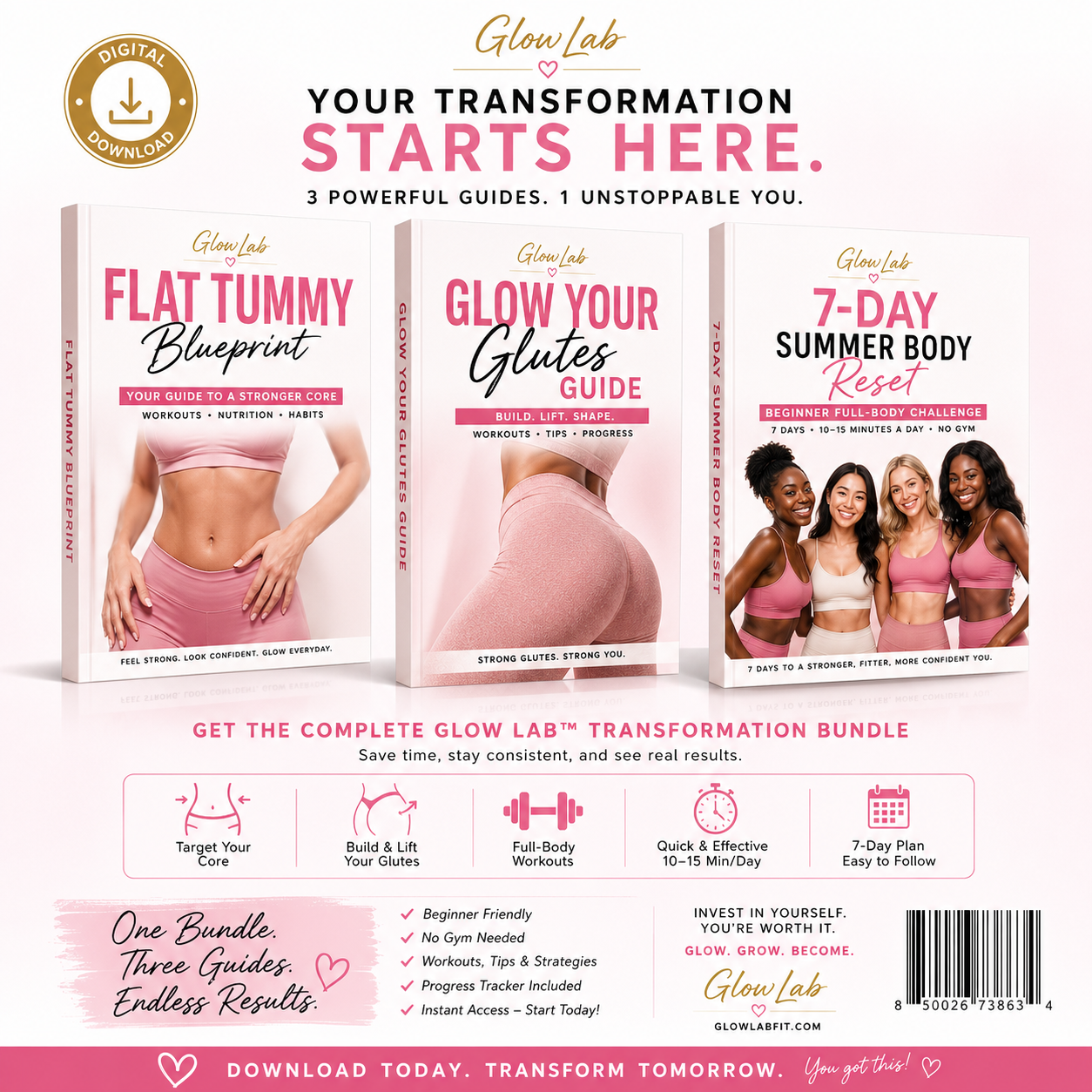 GlowLab™ 3-in-1 Ultimate Body Sculpt Bundle | Flat Tummy, Glute Growth & 7-Day Summer Full-Body Home Workout Guides for Beginners